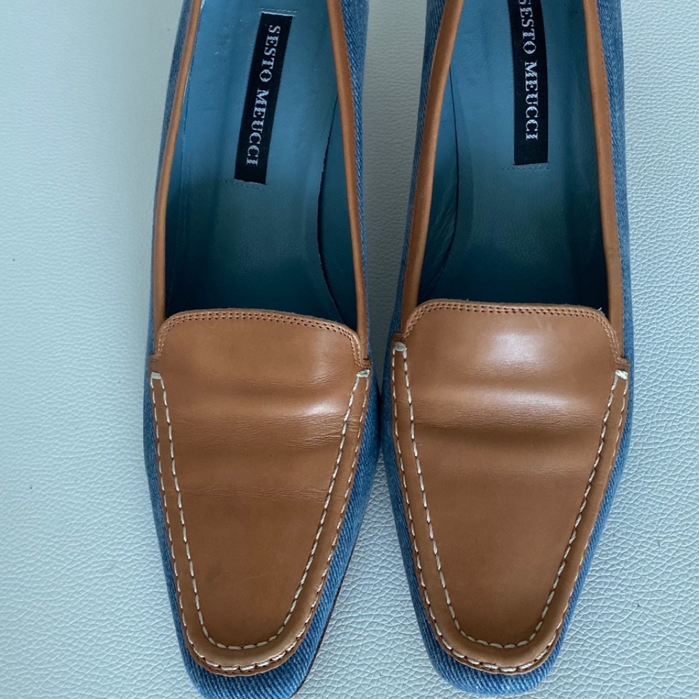 leather and denim heels